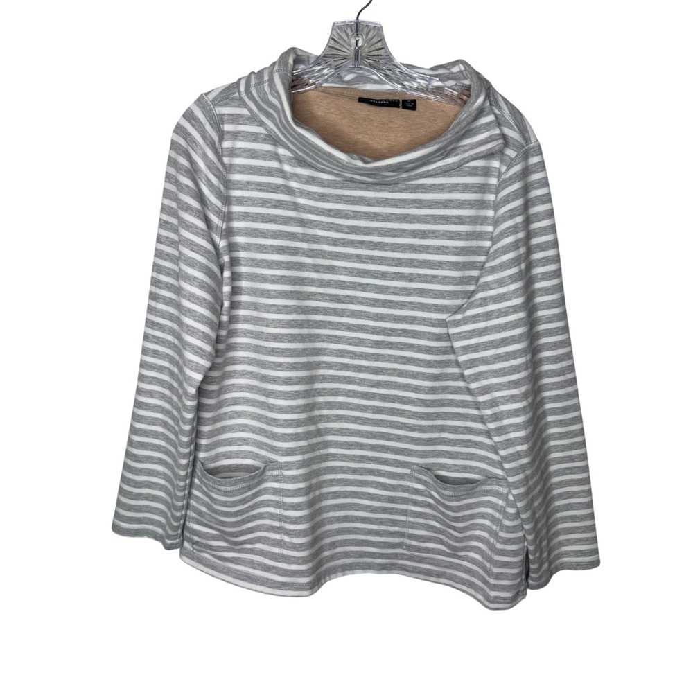 Susan Graver Weekend Grey White Striped Cowl Neck Top with Pockets Womens Medium